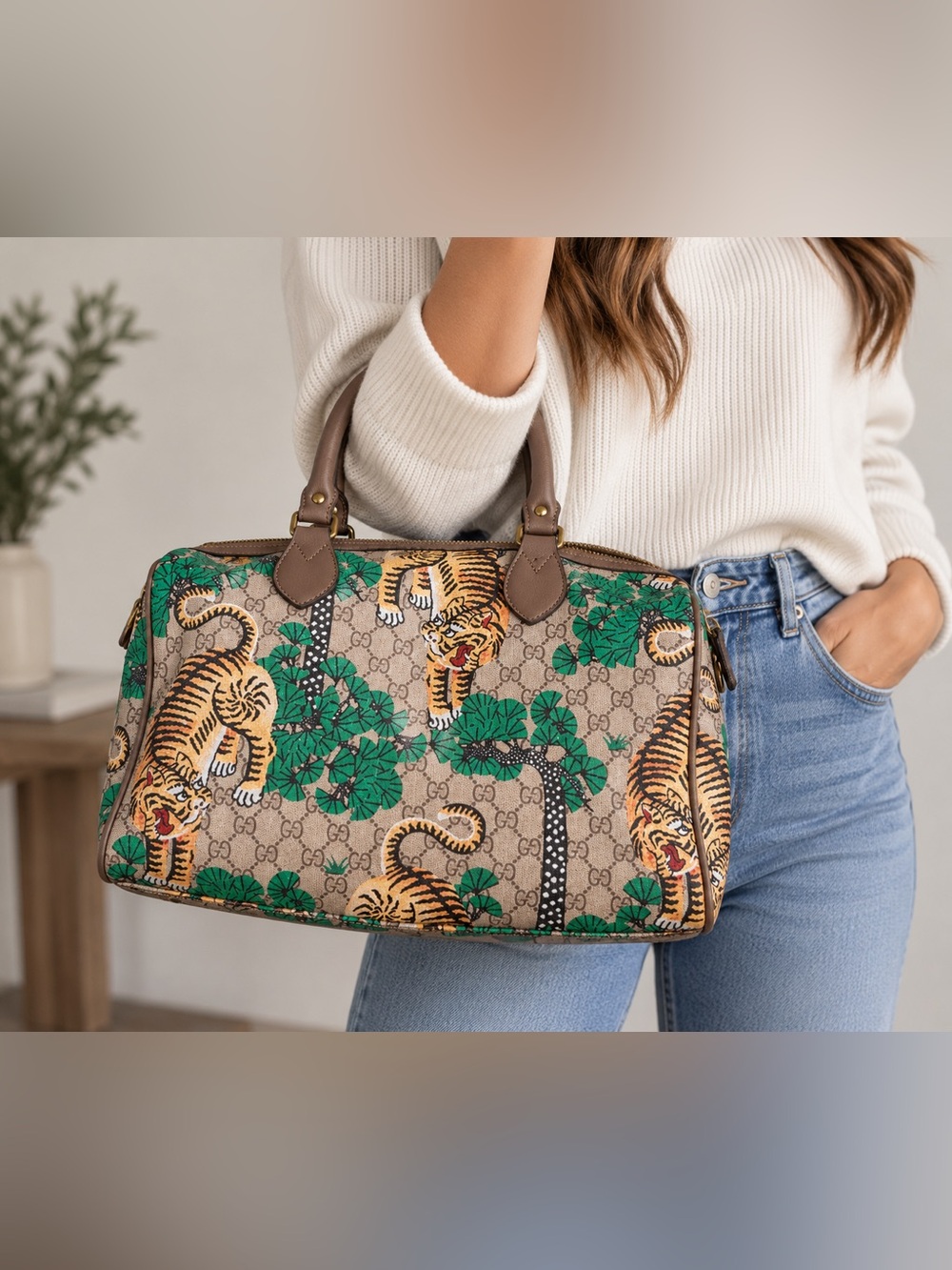 Bengal Tiger Print Satchel/Top Handle Bag Zip Detachable Strap Beige